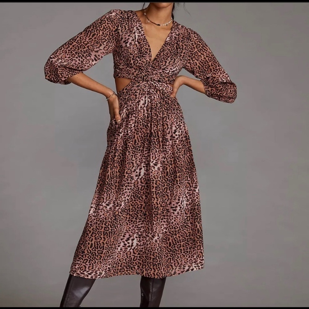 Anthropologie Ranna Gill Floral Leopard Print Cut-Out Midi Dress - Picture 2 of 6